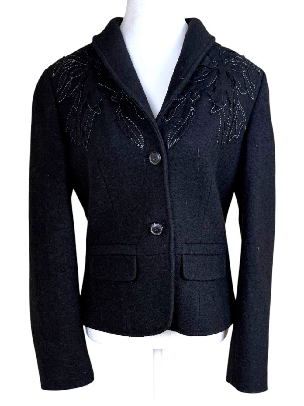 Ellen Tracy Blazer Embroidered Textured Black Wool Blend (10)